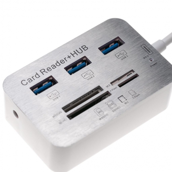 vhbw SD Kartenleser USB 3.0 Typ A zu 3x USB-Hub + MS/SD/M2/TF Slots kompatibel mit Speicherkarten, Smartphone, Tablet, Laptop, N