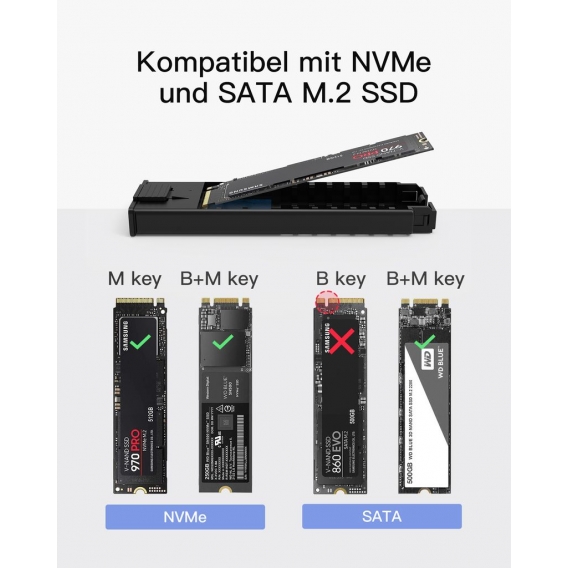 Inateck NVMe M.2 Festplattengehäuse mit 10 Gbps Übertragung, unterstützt M.2 SATA und NVMe SSD (2242, 2260, 2280) mit USB A zu C
