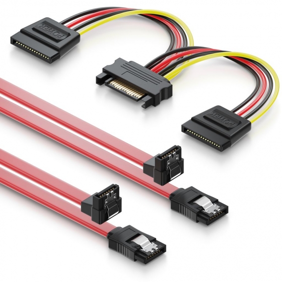 deleyCON SATA Kabel Set 2X SATA III Kabel mit 1x 90° Stecker + Y Strom Adapter Kabel - SSD HDD Festplatte