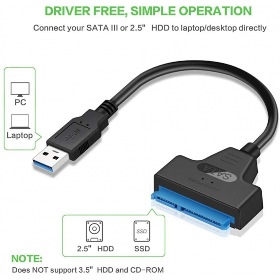 USB 3.0 Zu SATA Adapter Konverter für 2,5 Zoll Festplatten Laufwerke SSD/HDD, 20cm, Unterstützt UASP