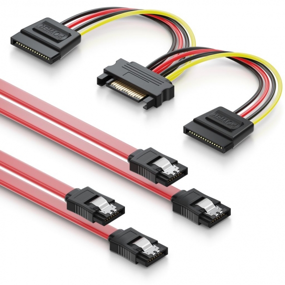deleyCON SATA Kabel Set 2x SATA III Kabel mit Stecker gerade + Y Strom Adapter Kabel - SSD HDD Festplatte