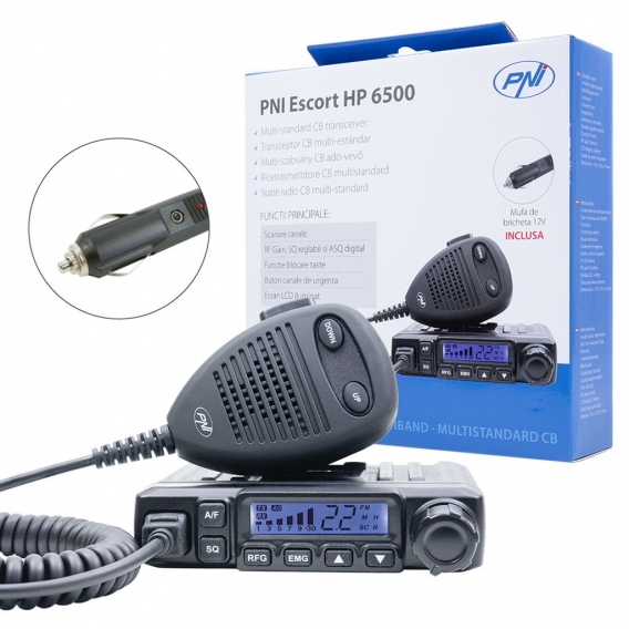 CB PNI Escort HP 6500 Radiosender, Multistandard, 4 W, AM-FM, 12 V, ASQ, RF Gain, Zigarettenanzünderstecker inklusive AM / FM-Sc