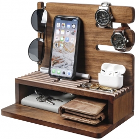 Yorbay Telefon Docking Station Holz, Geschenk für Männer Ehemann Freund, Schreibtisch Organizer für Uhren Handy Tablet Brillen S