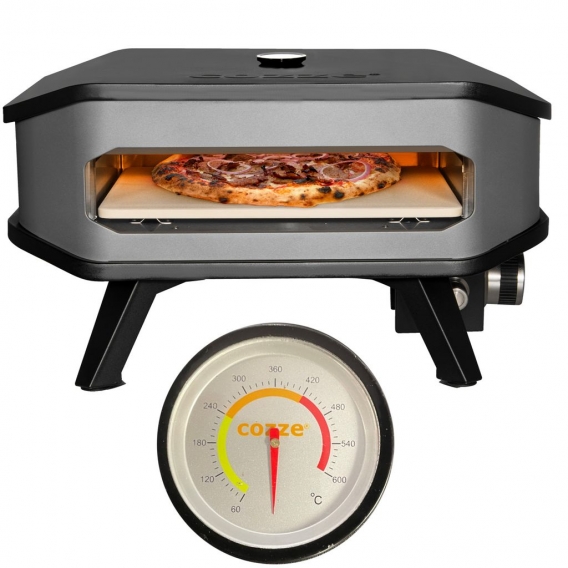 COZZE® 90349 Pizza-Gas-Ofen mit Thermometer Temperaturanzeige Profi bis 400° Grad mit 34x34 cm Pizzastein - tragbarer Pizzaofen 