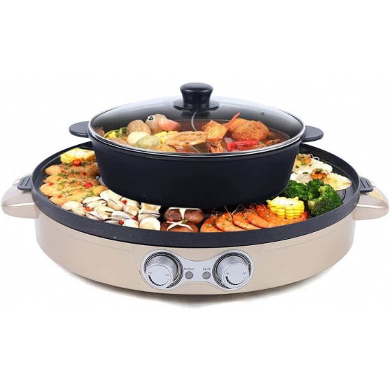 Elektrisch Hot Pot Tischgrill BBQ Grillplatte 2 in 1 Barbecue Grill Haushalts Hot Pot Gold Grillpfanne für 5-8 Personen Familien