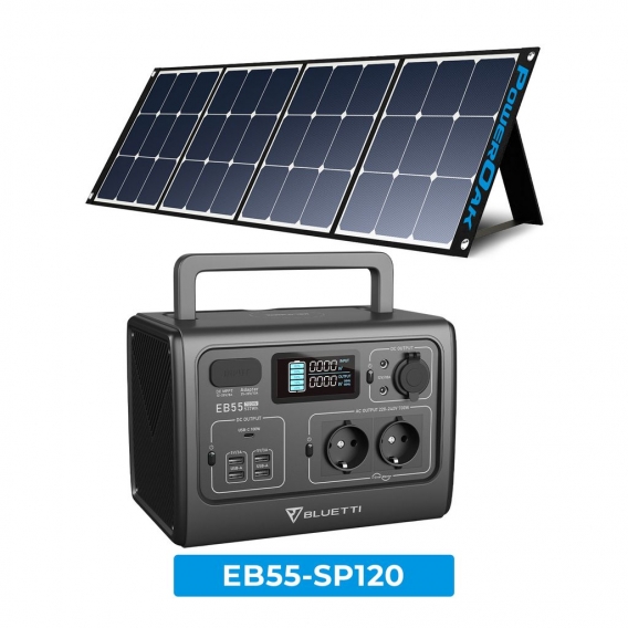 BLUETTI 700W/537Wh EB55 Tragbarer Solar Stromgenerator mit SP120 120W Faltbare Solar Panel inklusive, AC 220V / DC 12V / USB-Ste