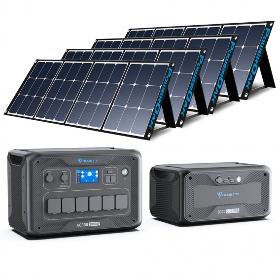 BLUETTI AC300+B300 Stromerzeuger Combo mit 4PCS SP120 120W Solar Panel, Solargenerator mit 12288Wh LiFePO4 Batterie, Erweiterbar