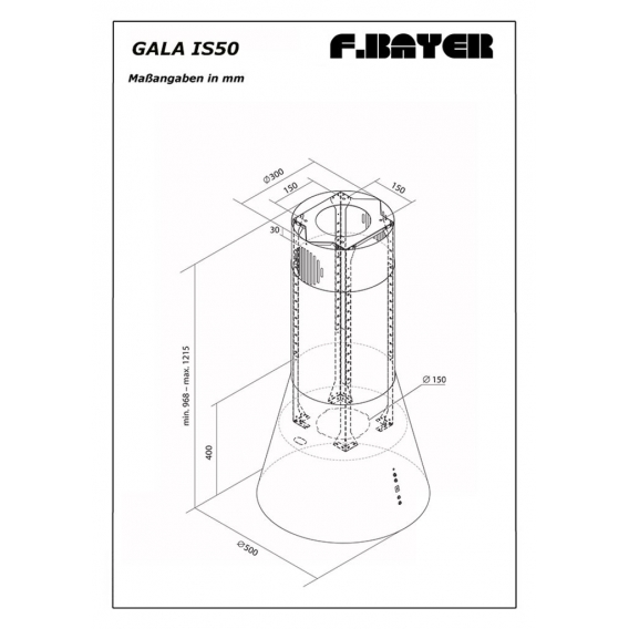GALA IS50W 50cm runde, weiß lackierte Dunstabzugshaube der Marke F.BAYER, Inselhaube mit Drucktastensteuerung und Display, 850m³
