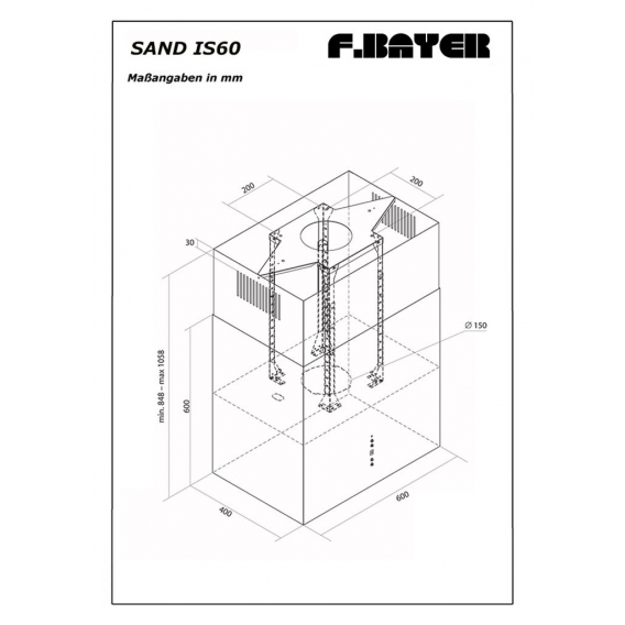 SAND IS60W 60cm, weiß lackierte Dunstabzugshaube der Marke F.BAYER, Inselhaube mit Drucktastensteuerung und Display, 850m³/h, EE