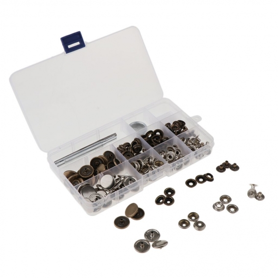 60 Set Metall Druckknöpfe nähfrei Druckknopf Nieten 15 / 17mm für Leder Kunstleder mit Werkzeug Locheisen und Aufbewahrungsbox