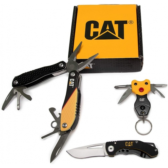 Caterpillar Multitool BOX 3er Set mit 12 in 1 Multi-Tool, Klappmesser und LED Schlüsselanhänger
