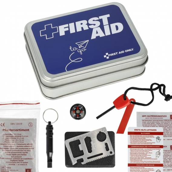 Erste Hilfe Set Metallbox Pflaster Kompass Feuerstarter Notfallpfeife Multitool