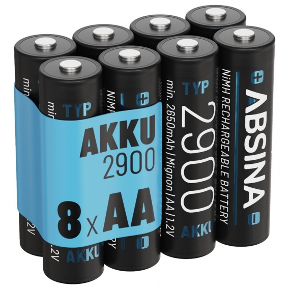 ABSINA 8x Akku AA wiederaufladbar 2900 16er Pack - NiMH AA Akkus mit 1,2V & min. 2650mAh - Aufladbare Batterien AA