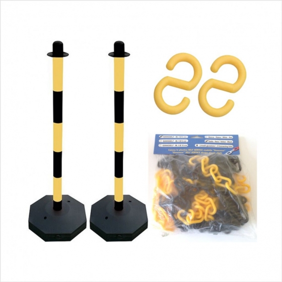 G.Plast Absperrketten Kettenpfosten Kunststoff Set 3 tlg. - mit 5 Meter Absperrkette - schwarz gelb