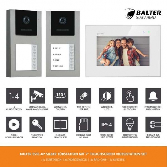 Balter EVO-AP Silber Video Türsprechanlage 7" Touchscreen RFID 2-Draht BUS Set für 4 Familienhaus