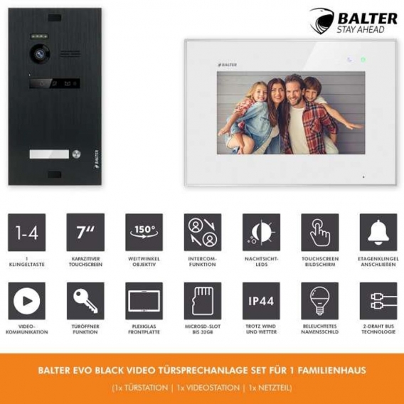 BALTER EVO Schwarz 2-Draht BUS 7" Monitor Video Türsprechanlage Set für 1 Familienhaus