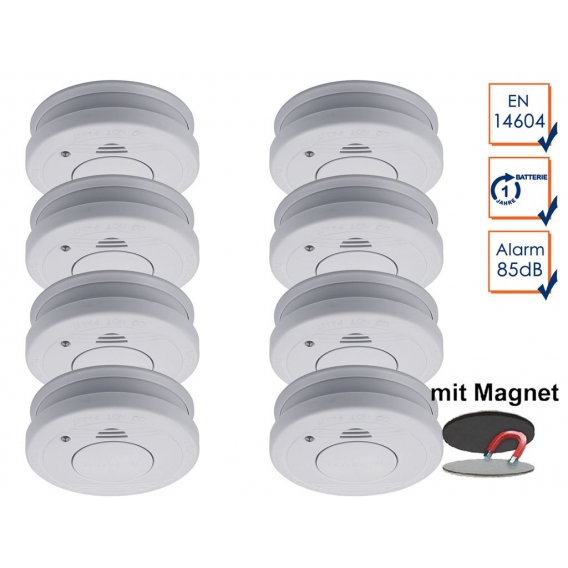 8er-Set Rauchmelder mit Magnethalter, Batteriewarnung & Testtaste, EN14604