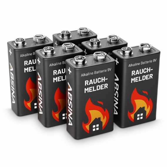 ABSINA 6x Rauchmelder Batterie 9V Block - Alkaline Batterien auslaufsicher für Feuermelder, Bewegungsmelder & Kohlenmonoxid
