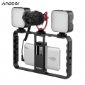 Andoer Smartphone Video Rig Griff mit Rig Dual LED Lichtmikrofon mit Shock Mount fuer Vlog Filmherstellung Kompatibel mit iPhone