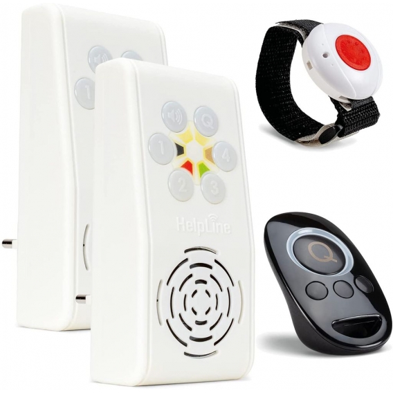HelpLine 230 Senioren Sicherheitspaket 5 Plus: Hausnotruf mit wasserdichtem Notrufarmband, 2 Funk Empfängern und Quittierungssen