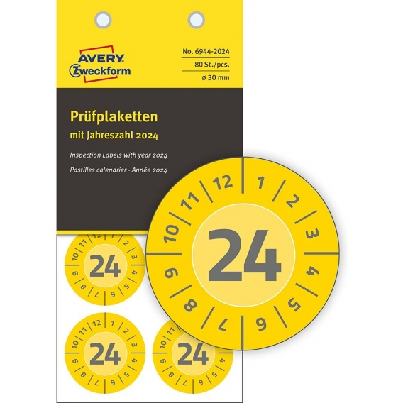 AVERY Zweckform Prüfplaketten 2024 Vinyl gelb 30 mm 80 Etiketten