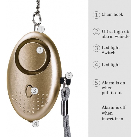 Taschenalarm Persönlicher Alarm 140DB Panikalarm taschenlampe schlüsselanhänger für Frauen Mädchen und ältere Menschen, Gold