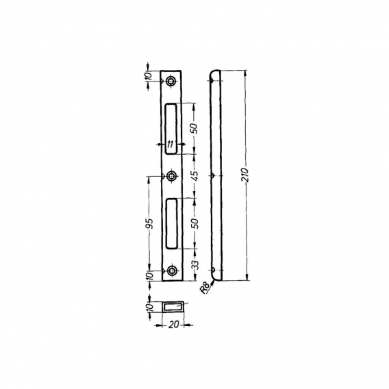 Schließblech 3/PSR einfräsbar für Falle/Riegel, 210 x 20 x 10 mm, 1 Stück | Zubehör Beschläge Einstemmschlösser