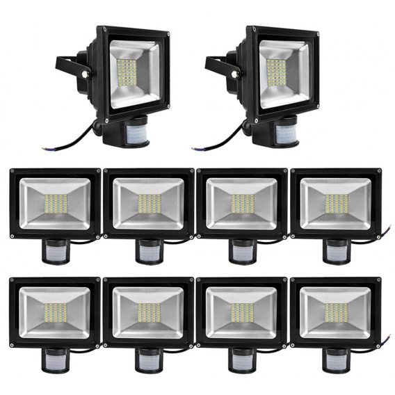 10pcs 30W LED Fluter SMD Strahler mit PIR Bewegungsmelder,Greenmigo 120° Fluter IP65 Wasserdicht Aluminiumkörper Schwarz Warmwei