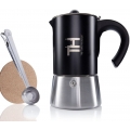 Thiru Espressokocher Induktion l Premium Mokkakanne aus Edelstahl inkl. Toolset (Schwarz, 6 Tassen (300ml))
