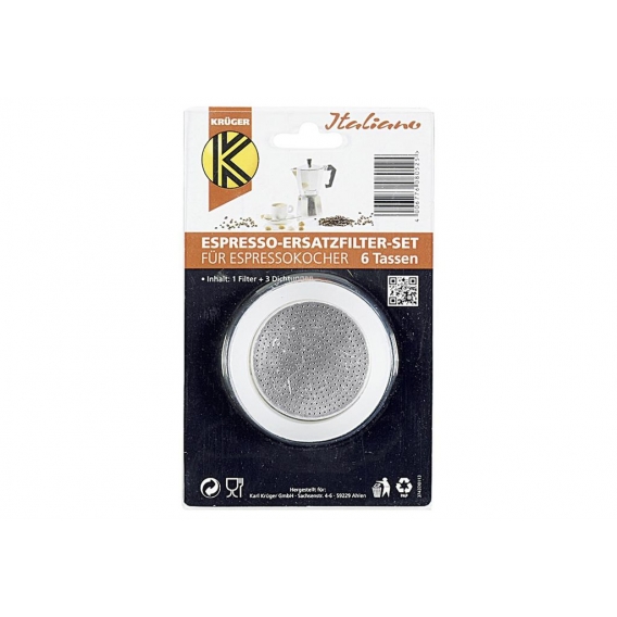 Krüger 505 Espresso Ersatzfilter-Set für Espressokocher für 6 Tassen, weiß/silber, 4-teilig (1 Set)