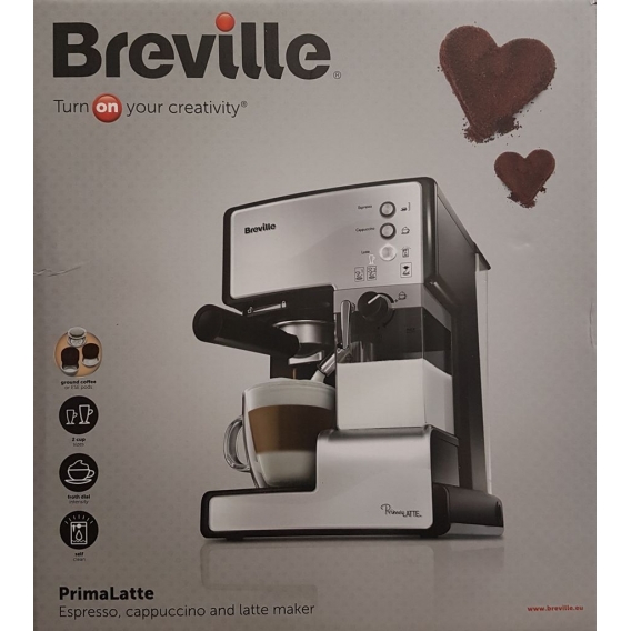 Breville VCF045X PrimaLatte Kaffee- und Espressomaschine, für Kaffeepulver oder Pads geeignet, 15 Bar, Milchschäumer, Silber/Wei