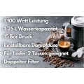 Zilan Espressomaschine 15 Bar | 1100 Watt | Edelstahl Design | Dampfausstoßregler | Für 1 oder 2 Tassen geeignet