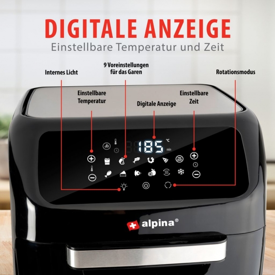 Alpina Backofen und Heißluftfritteuse - Airfryer - Digitale Zeit- und Temperaturkontrolle - 1800 Watt - 12 Liter - Schwarz