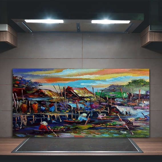 Coloray Spritzschutz aus Glas 100x50  Wandkunst Küchenrückwand Foto Bild Flusslandschaft Dorf Wasser