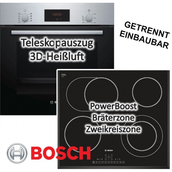 HERDSET Bosch Backofen mit Glaskeramikkochfeld - autark, 60 cm Teleskopauszug