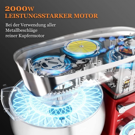 Scheffler 2000W Küchenmaschine Multifunktional Knetmaschine, 6,5L Knetmaschine inkl 3-Teiligem Patisserie-Set und Spritzschutz, 
