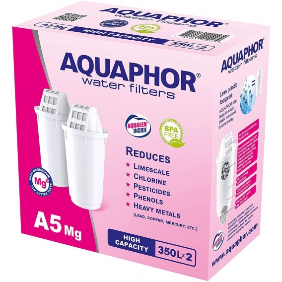 AQUAPHOR Filterkartusche A5 Mg. Pack 2 - gegen Kalk, Chlor, Schwermetalle & weitere Stoffe im Leitungswasser, passend für AQUAPH