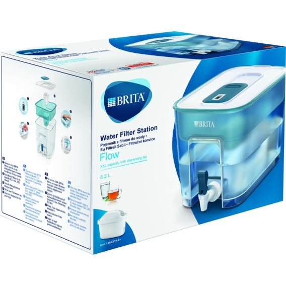 BRITA Wasserfilter Flow inkl. 1 MAXTRA+ Filterkartusche – XXL Tischwasserfilter mit Zapfhahn zur Reduzierung von Kalk, Chlor und