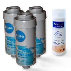 More about 3x Duschfilter Bluefilter, Wasserfilter gegen Kalk und andere Stoffe  plus Alvito Duschgel