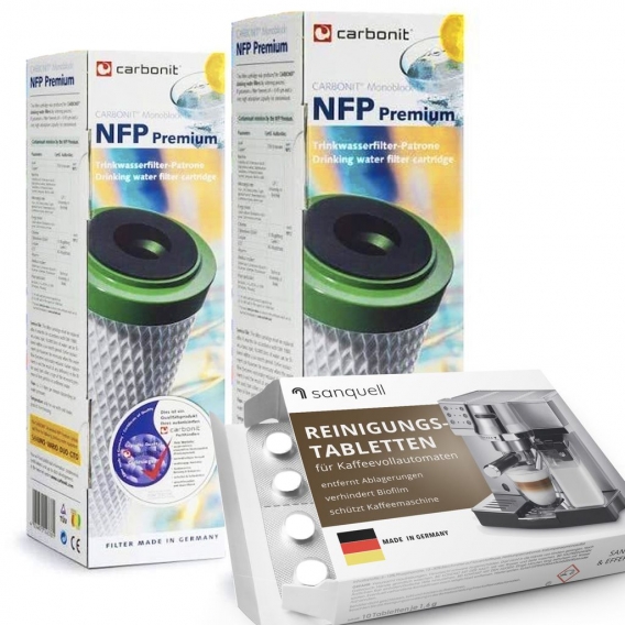 carbonit 2x NFP Premium Wasserfilter für Sanuno, VARIO HP | inklusive Reiniger für Kaffeevollautomaten