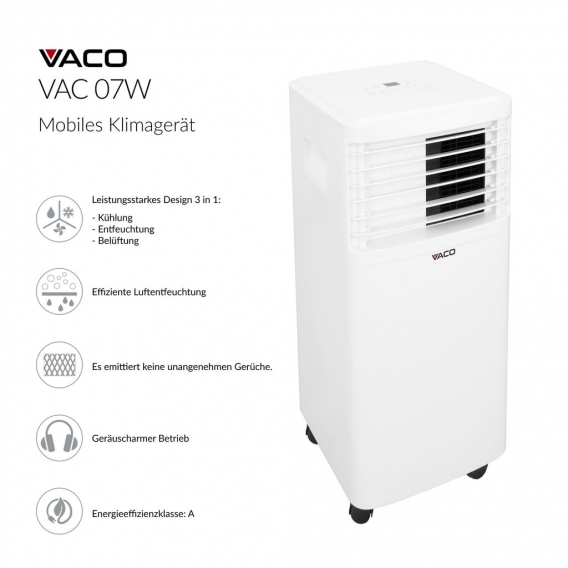 VACO 07W Mobiles Klimagerät, Wi-Fi, extrem leise und energieeffizient [Energieklasse A]. 3-in-1 Kühlung, Entfeuchtung, Ventilati