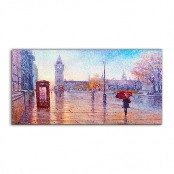 Coloray Spritzschutz aus Glas 140x70  Wandkunst Küchenrückwand London Big Ben Frau Regenschirm Regen