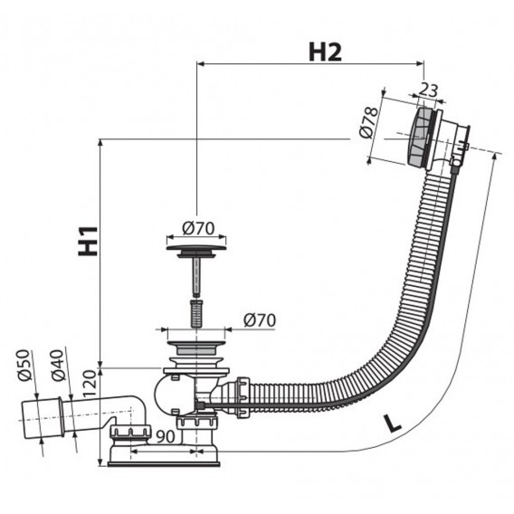 Badewannen Ab- & Überlaufgarnitur mit Bowdenzug Verschlussdeckel ø70mm, Länge d. Überlaufs:57cm