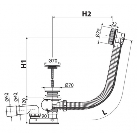 More about Badewannen Ab- & Überlaufgarnitur mit Bowdenzug Verschlussdeckel ø70mm, Länge d. Überlaufs:57cm