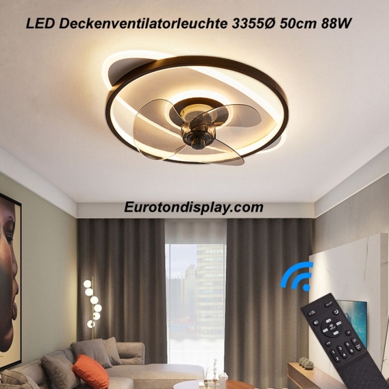 Deckenventilator mit LED Beleuchtung 3355 Deckenlampe Ventilator schwarz Ø 50cm 88W mit Fernbedienung Lichtfarbe/Helligkeit eins
