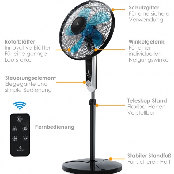 KESSER® - Standventilator mit Fernbedienung und Display Led - Timer leise Oszillation 80 Grad - 60 Watt - Ventilator höhenverste