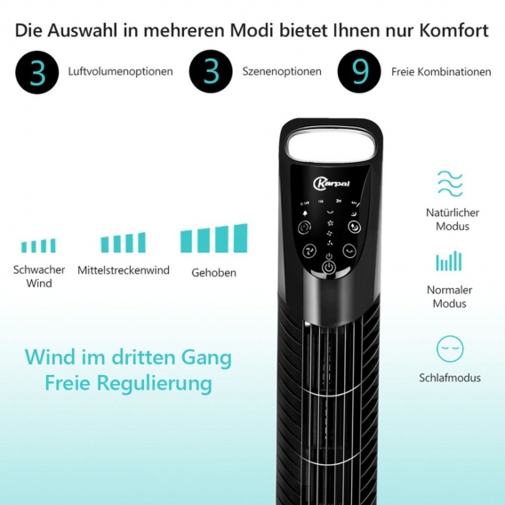 karpal 78cm Turmventilator tower fan 40Watt silent floor fan with remote control, sleep mode, nature mode. 7.5 H timer function.