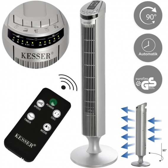 KESSER Turmventilator FERNBEDIENUNG Ventilator LED Display Standventilator Klimaanlage, Farbe:Silber