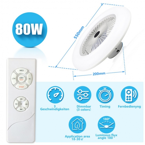 Jopassy 80W Deckenventilator Timer Kühler Beleuchtung Lüfter LED Weiß Fan Leuchte Zimmer