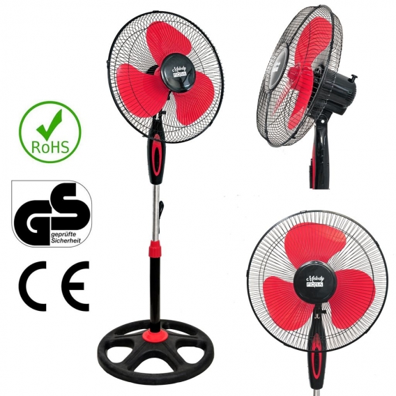 Ventilator Schwarz Rot 40W Standventilator Windmaschine Luftkühler Oszillierend stabiler Fuß Rund 3 Geschwindigkeitsstufen Leise